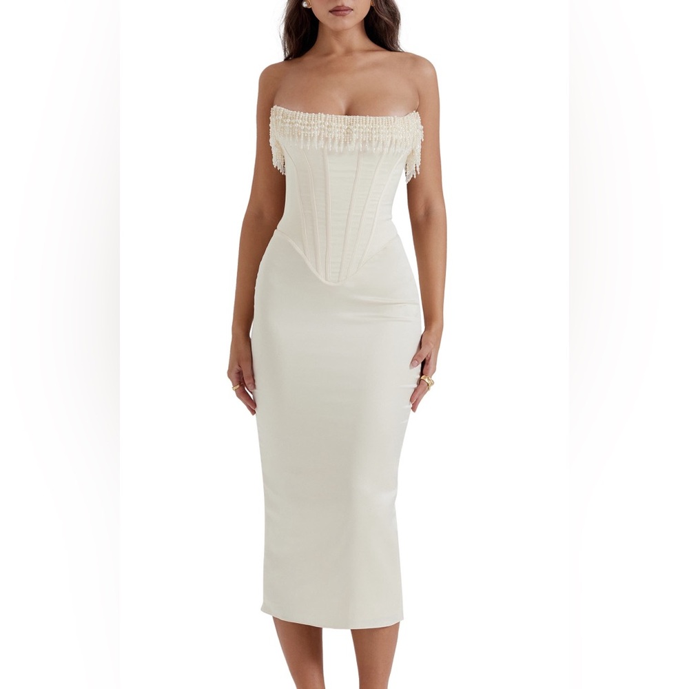 House of CB Nalita Imitation Pearl Trim Strapless Midi Cocktail Dress
